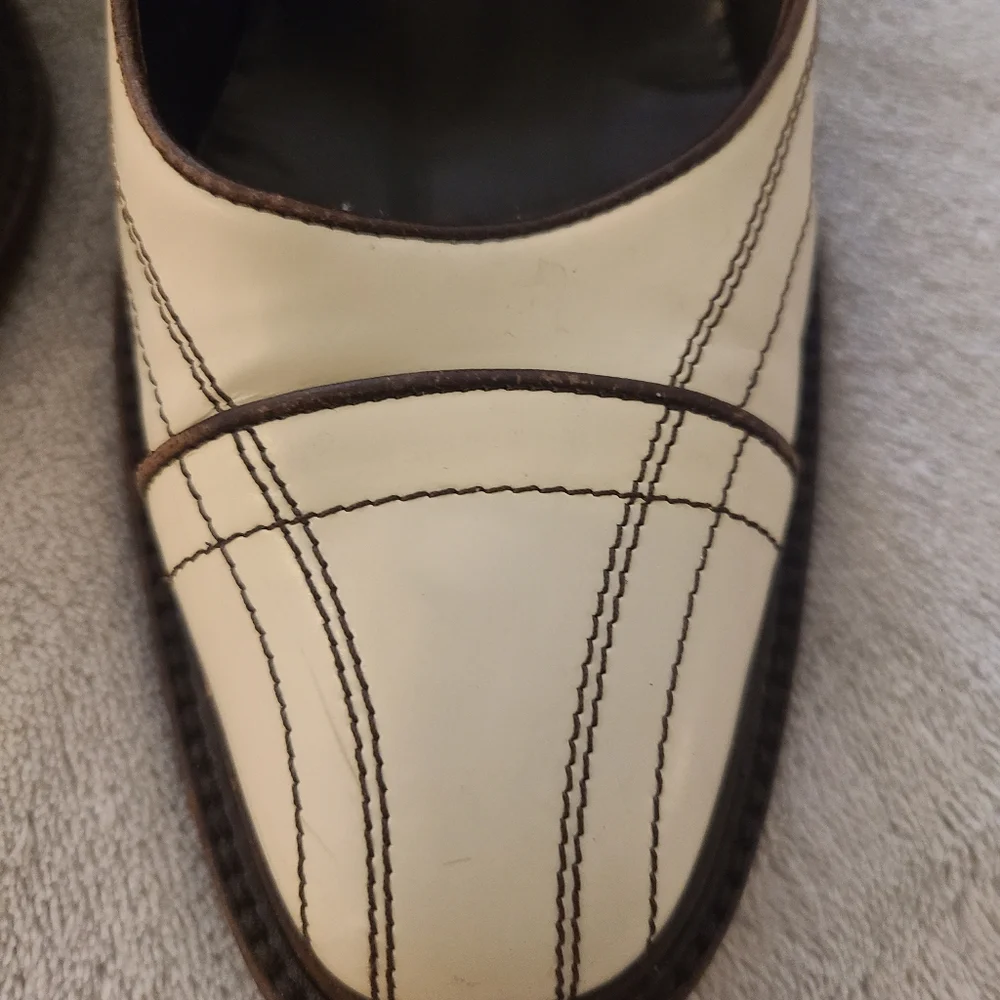 Prada block heels, cream with brown stiching, 38.5 - Picture 3 of 6
